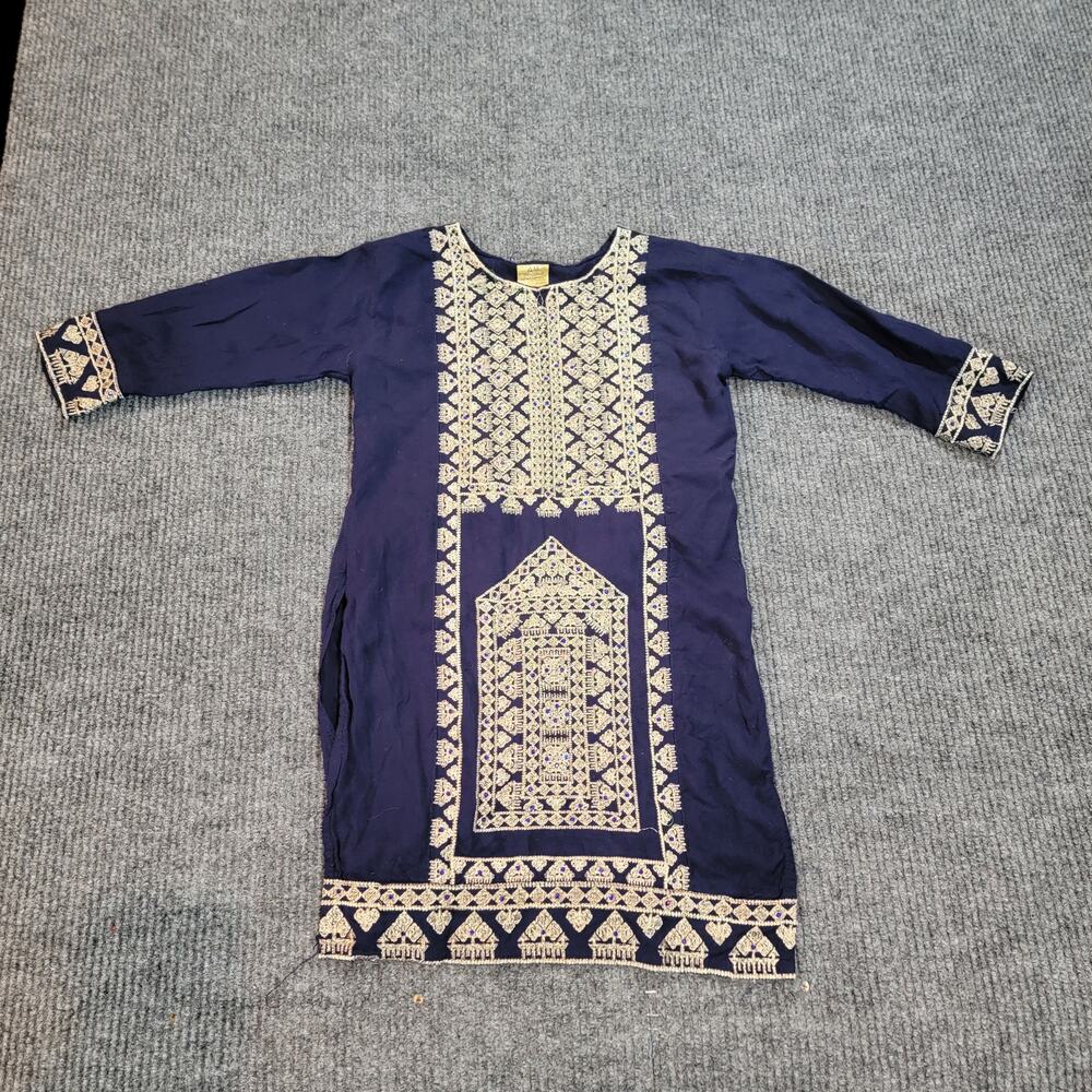 Vintage Al Malboosat Middle Eastern Embroidered Dress Kaftan Tunic Gold Navy